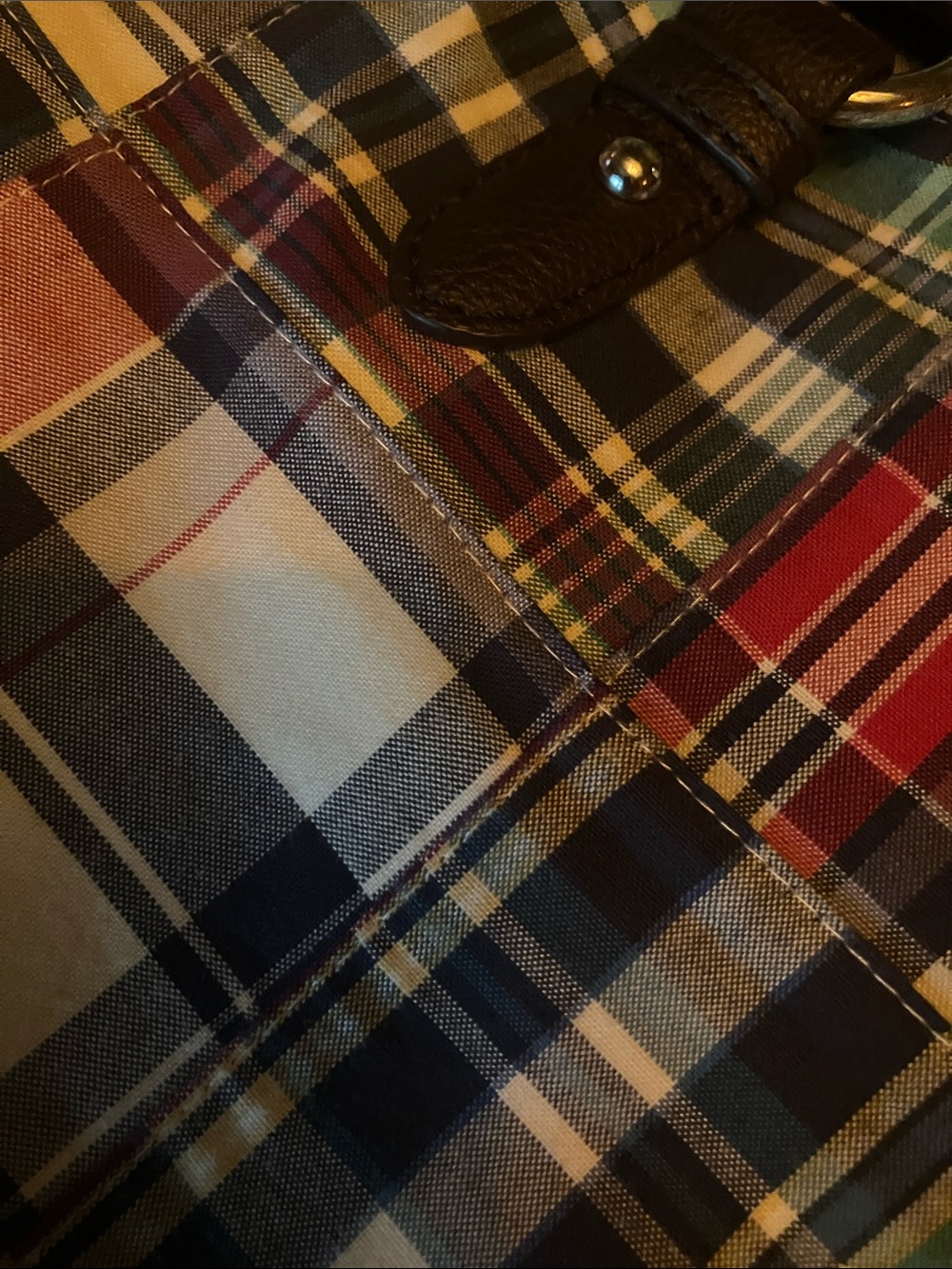 Madras Plaid & Brown Summer Leather Tote Bag - Picture 5 of 6
